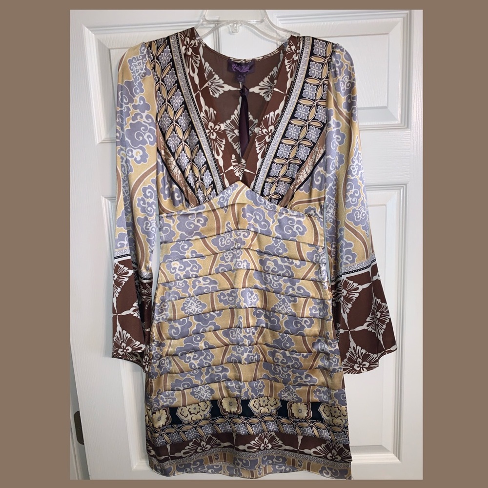 Hale Bob Silk Yellow Brown Tiered Dress NWT